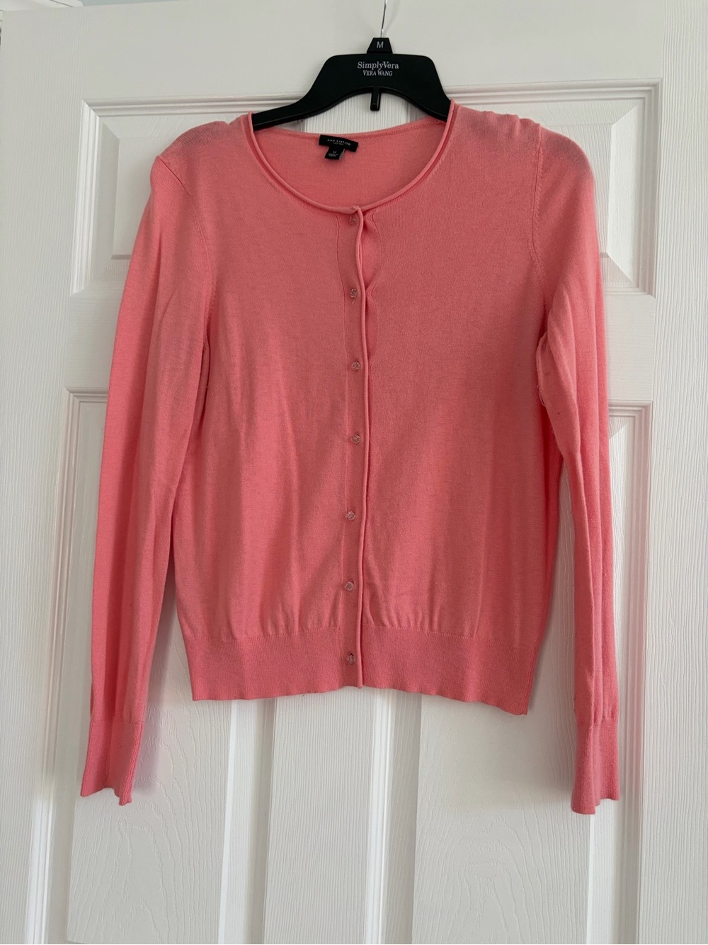 Ann Taylor Coral Pink Lightweight Crewneck Cardigan Crystal Buttons